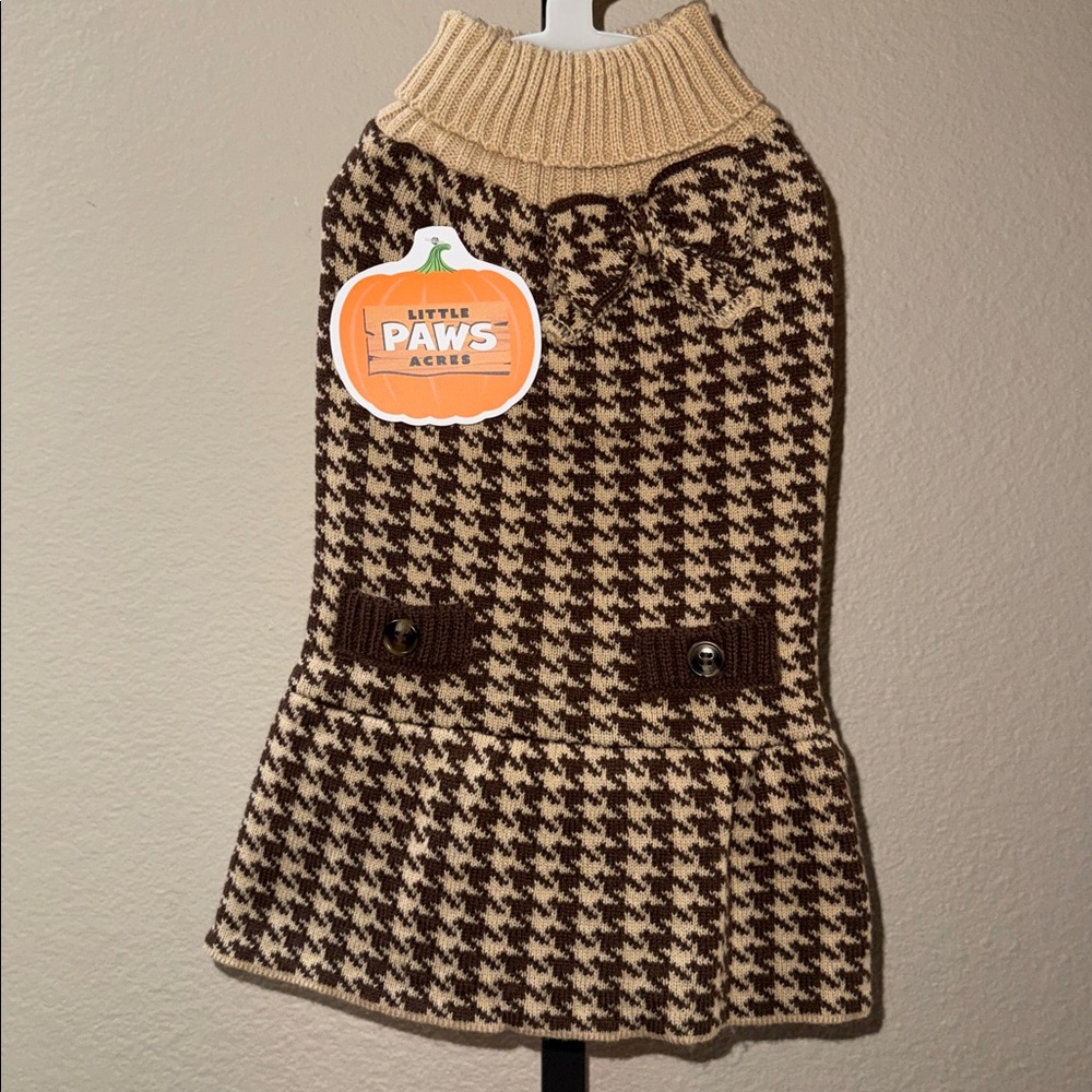 NWT Little Paws Acres Brown and Tan Herringbone Bow Dog Turtleneck Sweater Sz S